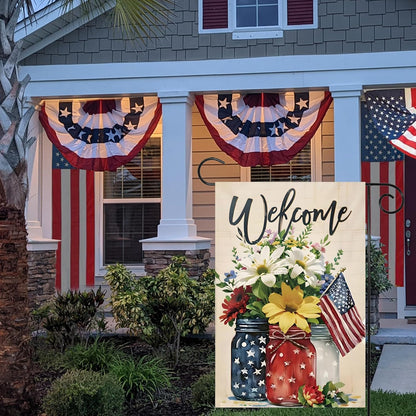 Patriotic 4th of July Mason Jar Flowers Garden Flag - Double-Sided Burlap 12x18 for Summer Celebrations