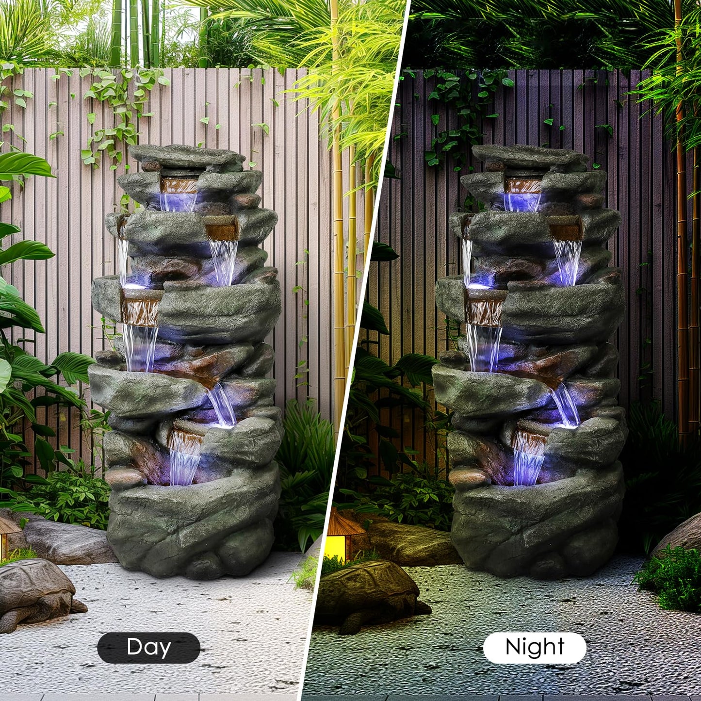 SunJet 40.5” High Rocks Outdoor Water Fountain - 6-Tiers Cascading Waterfall with LED Lights, Soothing Tranquility for Home Garden, Yard Decor