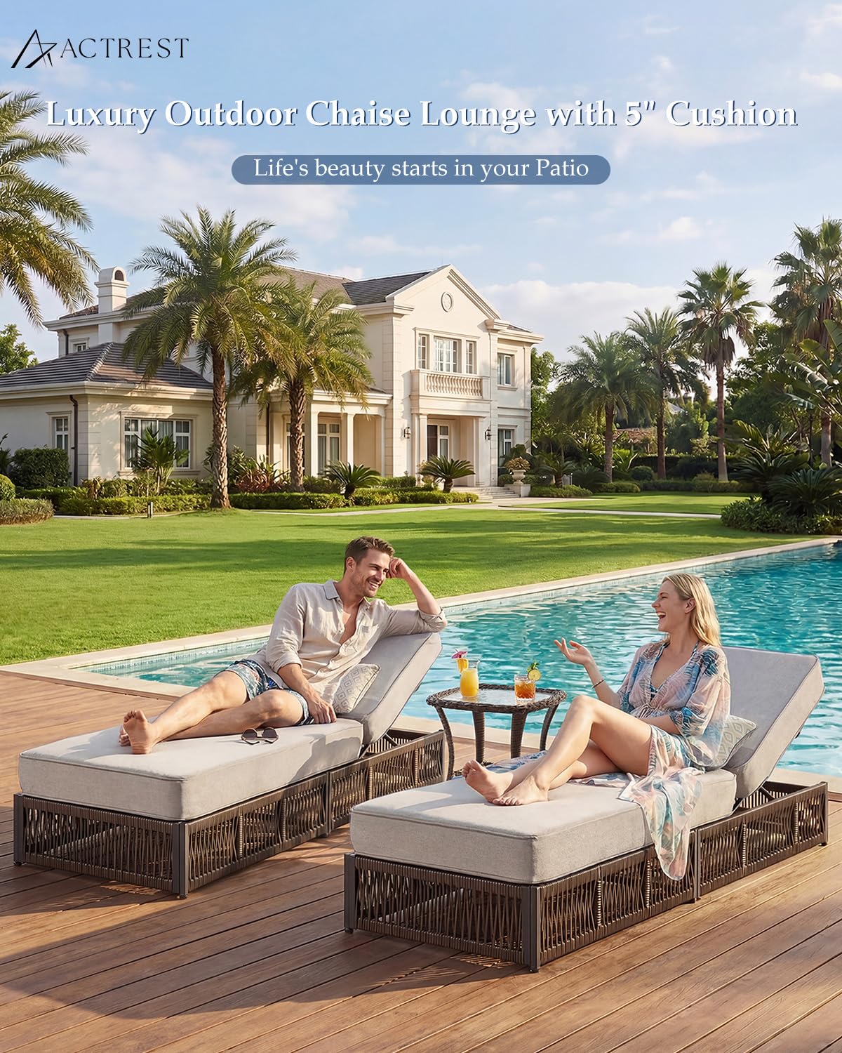 ACTREST Luxury Outdoor Chaise Lounges with 5 Inch Thickened Cushions - Set of 4 High Back Brown Wicker Patio Recliners Rattan Reclining Chairs Porch Poolside Pool Sunbathing Lounger- Beige