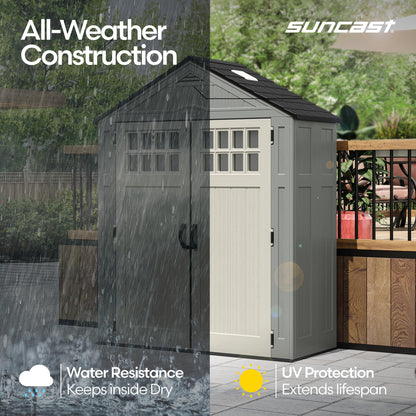 Suncast Everett 6x3 ft Vertical Storage Shed - Resin Outdoor Garden Shed with Floor, Windows, Skylight & Lockable Double Doors. Slim Yard Storage for Utility Tools & Backyard Equipment
