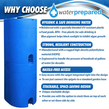 WaterPrepared Stackable Plastic Drinking Water Storage Tank with Spigots, 55 Gallon, Blue - Portable Emergency Hydration Container for Survival or Disaster Preparedness