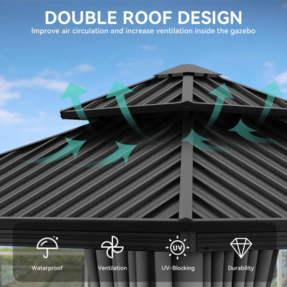YITAHOME 10X10FT Hard Top Gazebo Patios Outdoor Double Roof Canopy Aluminum Frame Garden Gazebo with Curtains Netting for Backyards Decks Lawns, Gray