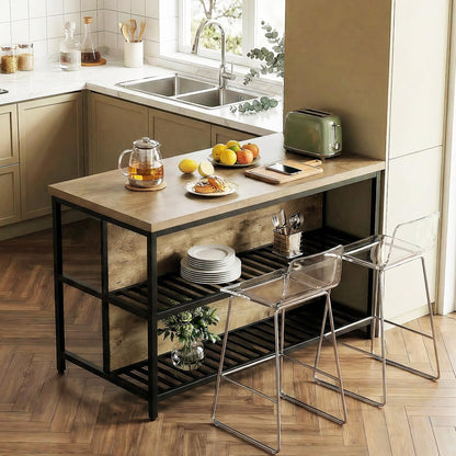 LITTLE TREE 55-Inch Kitchen Island Table with Storage, 3-Tier Stationary Center Island Table with Metal Base, Farmhouse Rustic Kitchen Island, Brown