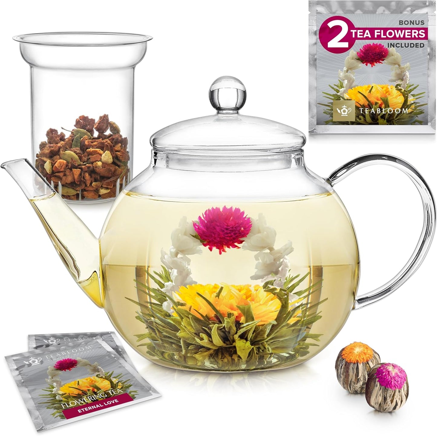 2 2-in-1 Teabloom Stovetop & Microwave Safe Glass Teapot with Removable Loose Tea Glass Infuser Includes Blooming Teas