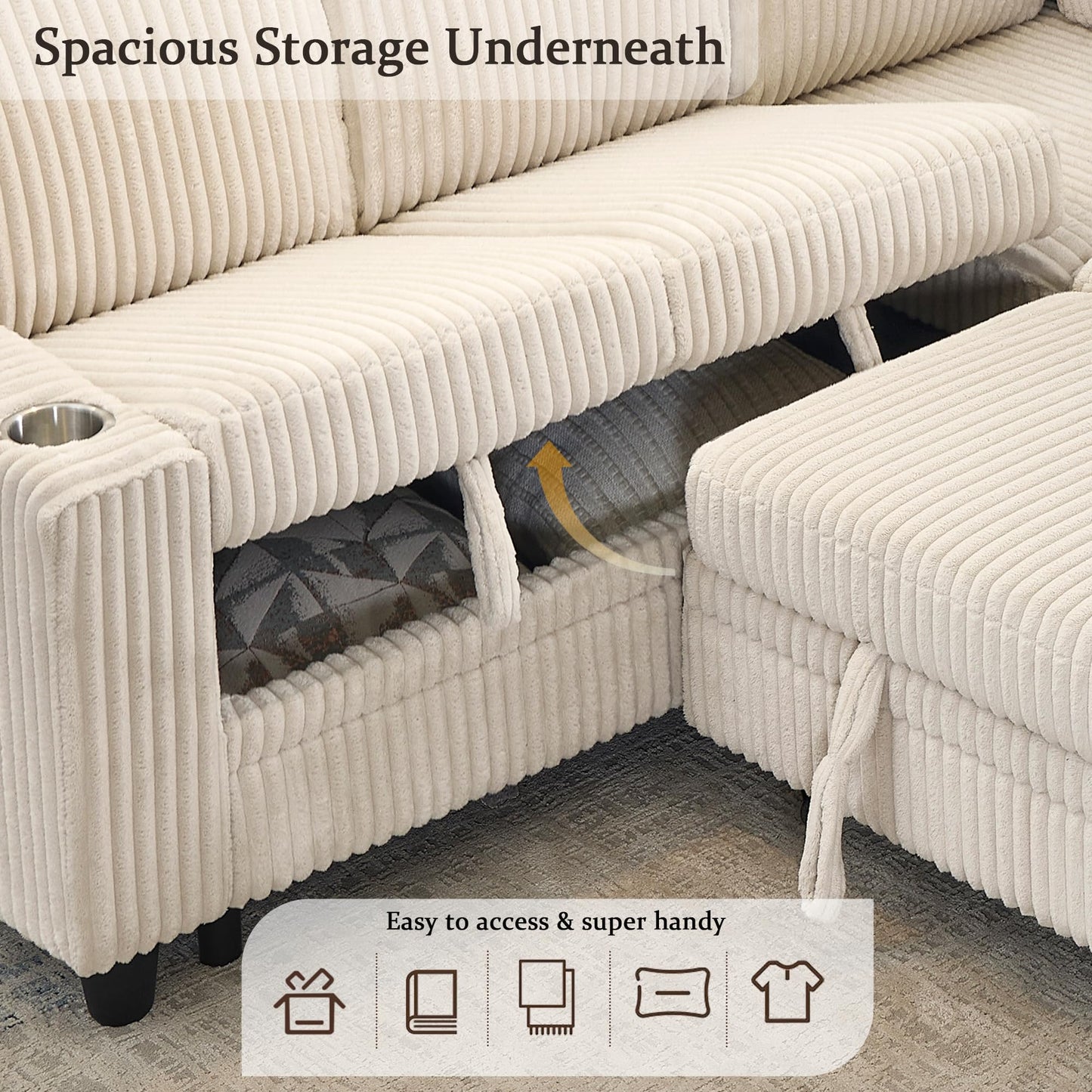 ERYE L-Shaped Symmetrical Sleeper Sectional Sofa W/Pull Out Sleeper Couch Bed and Storage Seat for Living Room, Corduroy Tufted Corner Convertible Sofa Bed with USB-C Ports