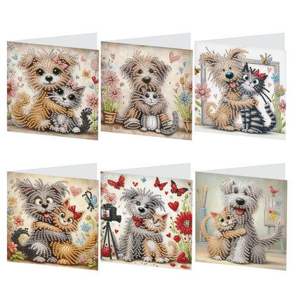 6 Pcs 5D Diamond Painting Greeting Cards Kits, Handmade Festival Greeting Cards with Envelopes DIY Diamond Art Crafts Birthday Cards Laser Effect for Birthdays Holidays Celebrations (Cat Dog Cuddling)