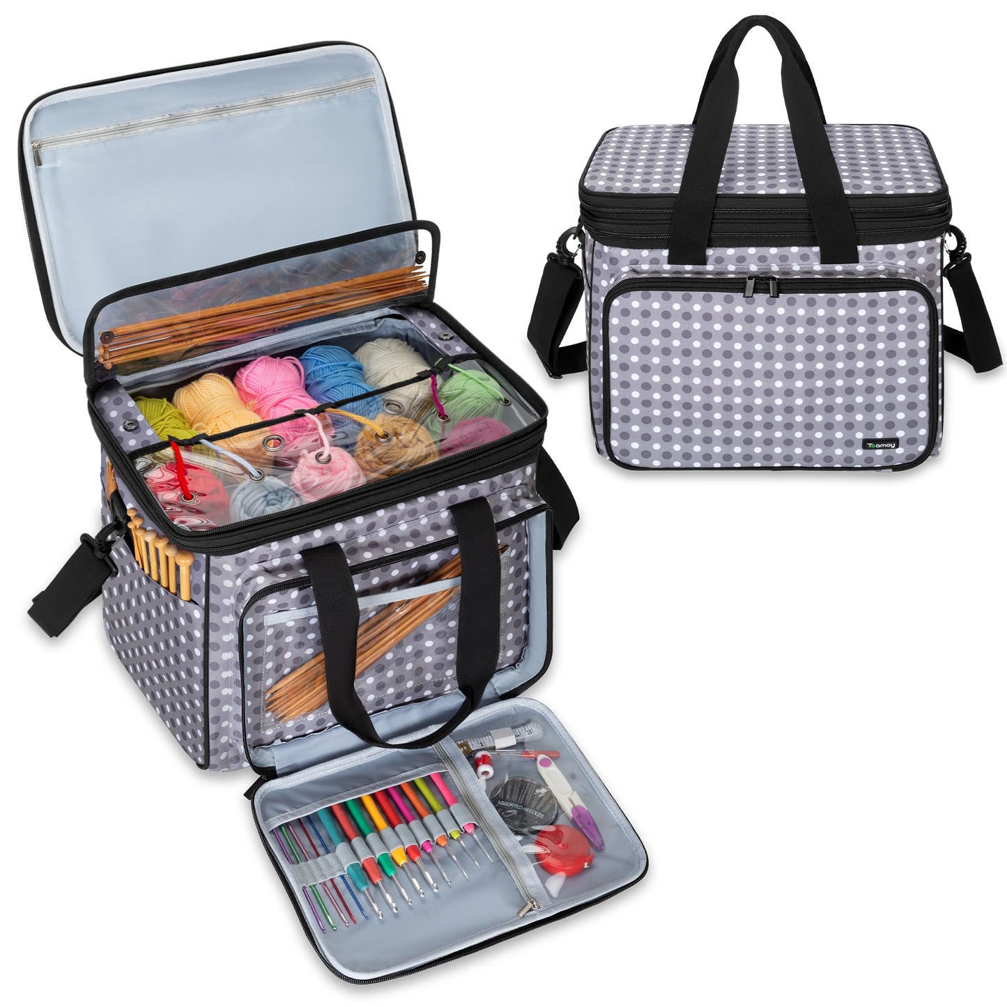 Teamoy Knitting Bag with Divider and Cover, Portable Yarn Storage Organizer for Crochet Accessories and Knitting Needles,Ideal for Knitting Enthusiasts, Gray Dots