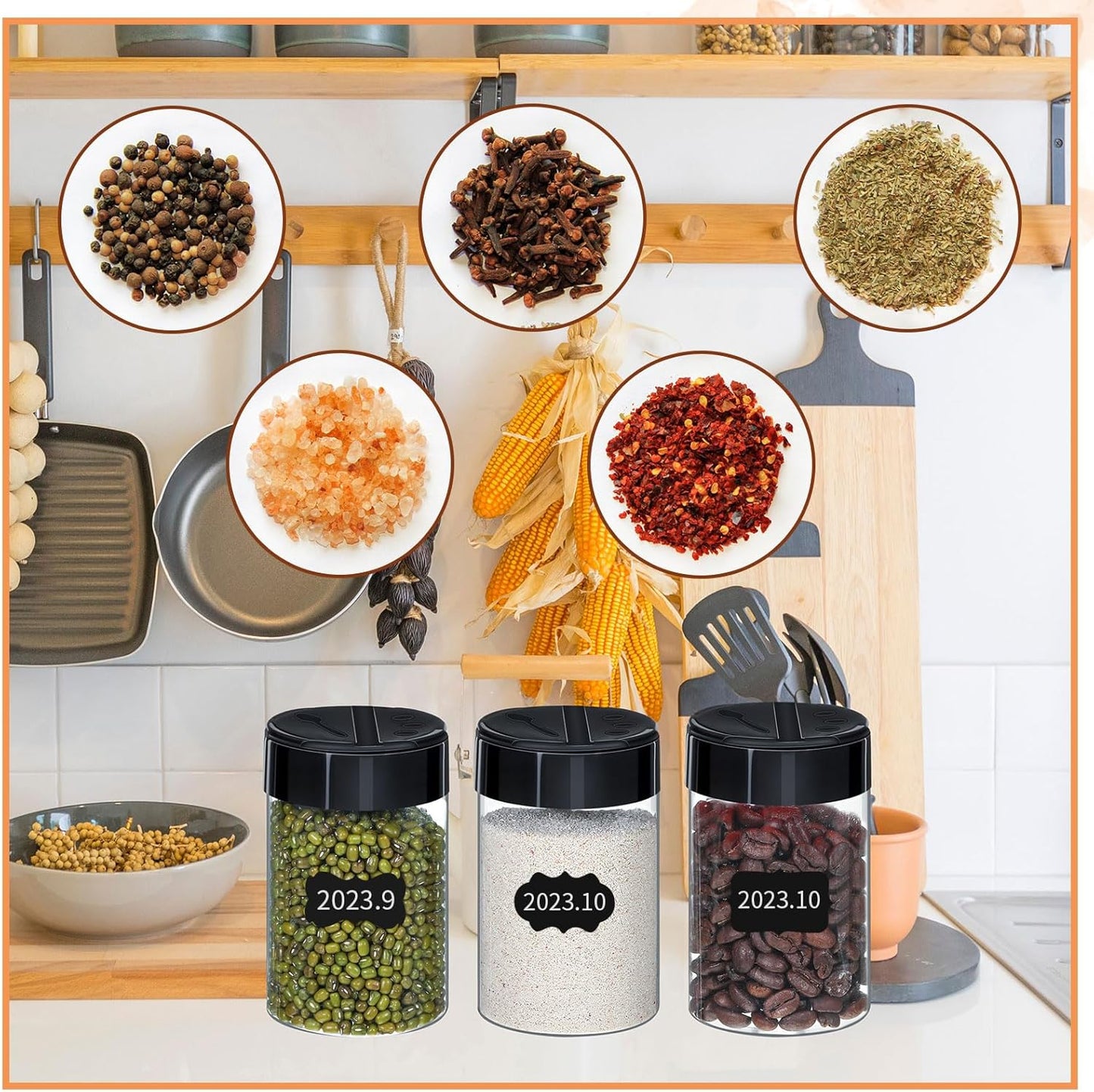 Uiifan 18 Pack 10 oz Spice Jars with Black Lids, Clear Plastic Spice Containers with Shaker Lids for Kitchen