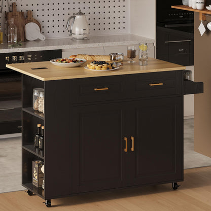 IRONCK Kitchen Island with Power Outlet & Drop Leaf, 47.2" Width Rolling Kitchen Island on Wheels with Storage, Mobile Kitchen Island Cart with Spice Rack, Open Shelves and Drawer, Black