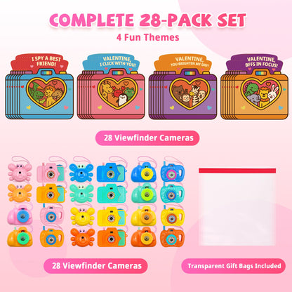 Valentines Day Cards for Kids School – 28 Pack Kids Viewfinder Toy Cameras with Greeting Cards, Classroom Exchange Valentine Gifts for Boys and Girls, Cards + Toys Bulk Set for School Valentine Party