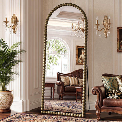 FlyEcho Arched Full Length Mirror, 71"x28" Antique Beaded Full Body Mirrors, Large Floor Mirror with Stand, Hanging Mounted for Bedroom Living Room Cloakroom Hallway Decor, PU Frame, Bronze