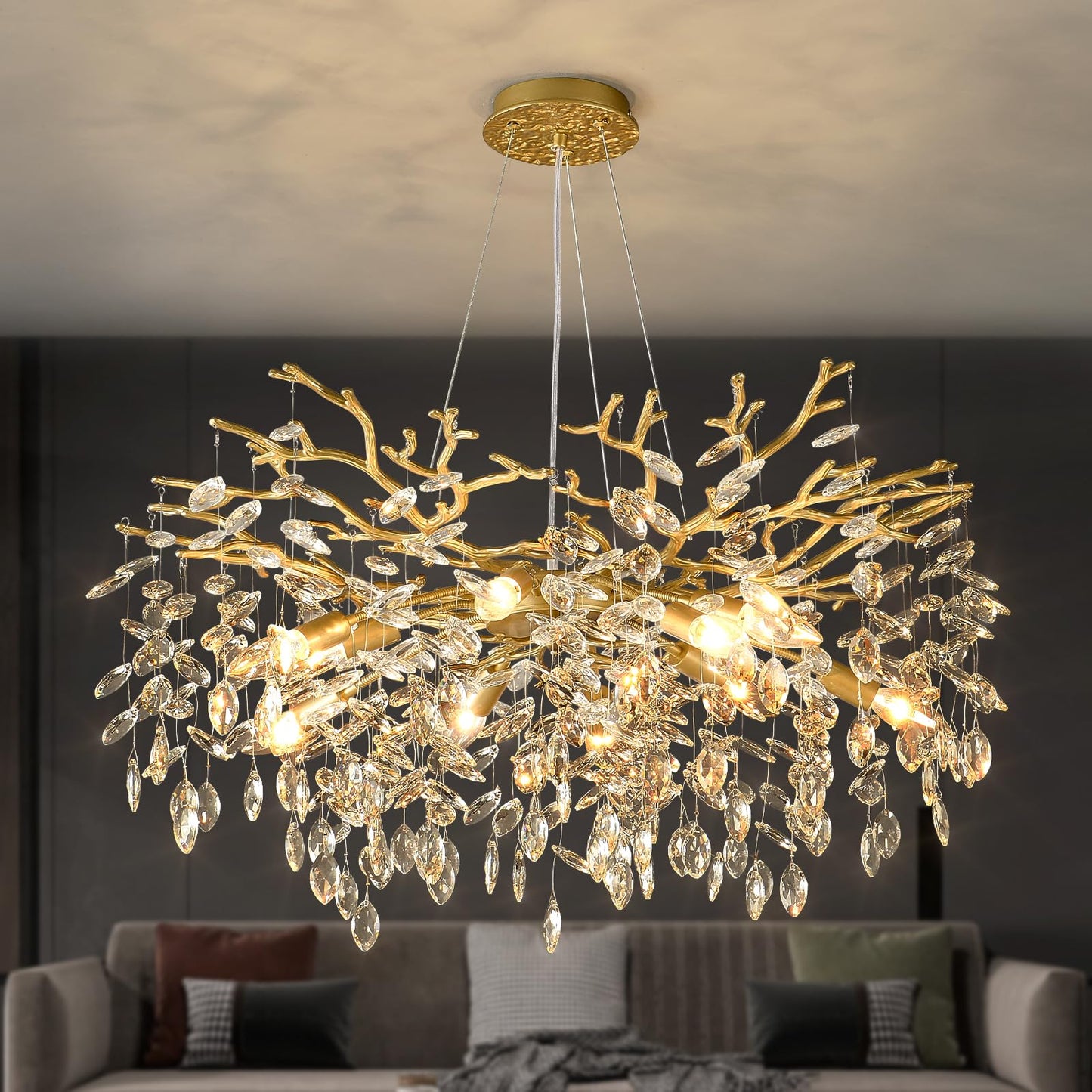 EGM Gold Tree Branch Crystal Chandelier, 32 Inch Modern Raindrop Crystal Ceiling Light Fixtures 10-Light(E12), Hanging Round Chandeliers for Dining Room Living Room Bedroom Foyer