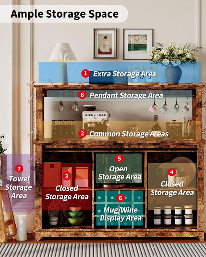 55 in Farmhouse Coffee Bar Cabinet with 3-Mode LED Light and Power Outlet - Large Kitchen Hutch with Sliding Barn Door - Wine Cabinets with Storage Drawers and Wine Glass Rack for Home and Living Rome