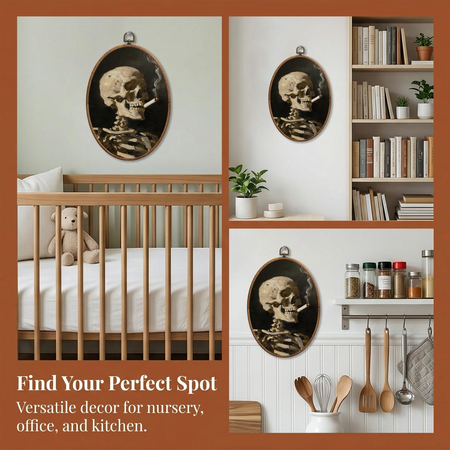 SONMYSULIL Funny Gothic Skeleton Wall Art Decor, Whimsical Goth Oval Wall Hanging Decor, Antique Moody Smoking Skeleton Framed Canvas Prints for Home Bedroom Living Room, 8.6x11.4 Inch