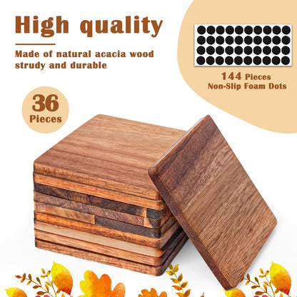36 Pieces Unfinished Wood Coasters, 4 Inch Square Acacia Wooden Coasters for Crafts with Non-Slip Silicon Dots for DIY Stained Painting Wood Engraving Home Decoration