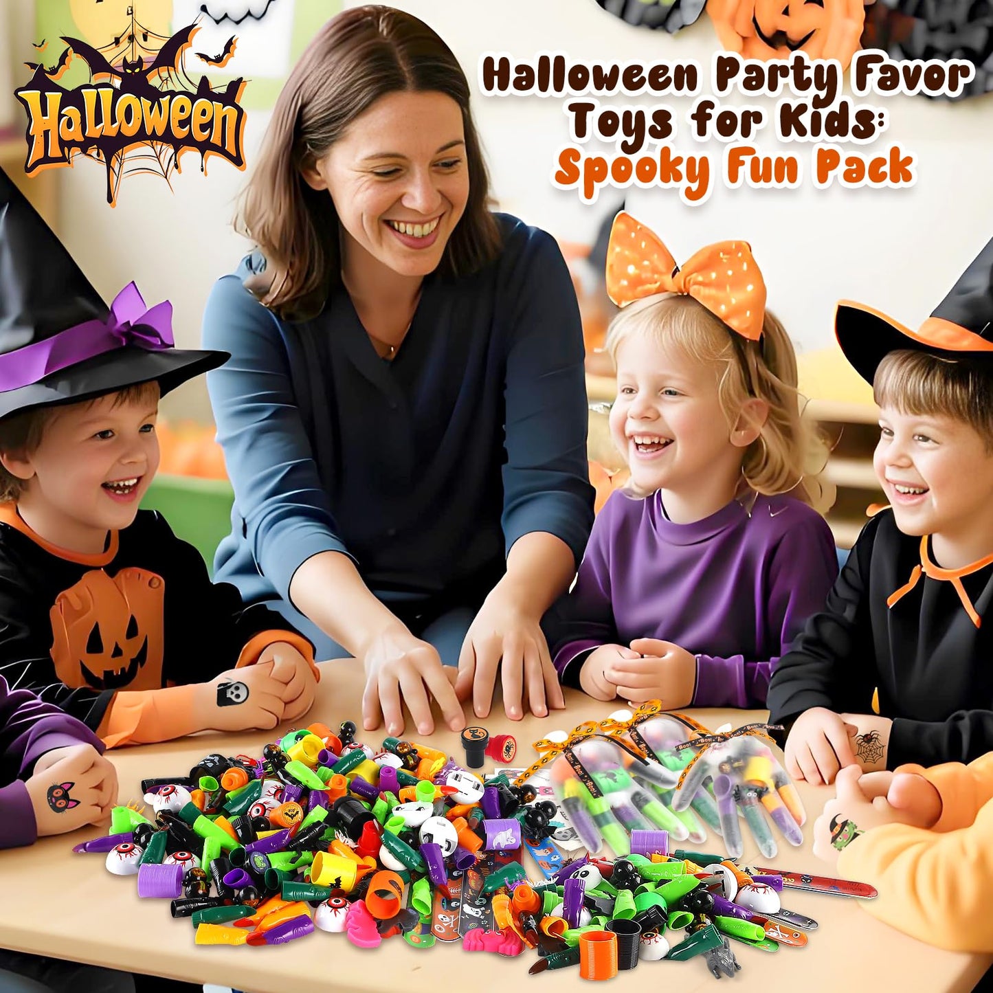 WESAYEE 338 PCS Halloween Party Favors for Kids - 24 Pack Halloween Goodie Bags Stuffer With Glove Treat Bags Fillers, Small Gifts Bulk Toys for Kids Classroom Favors, Party Carnival Prizes