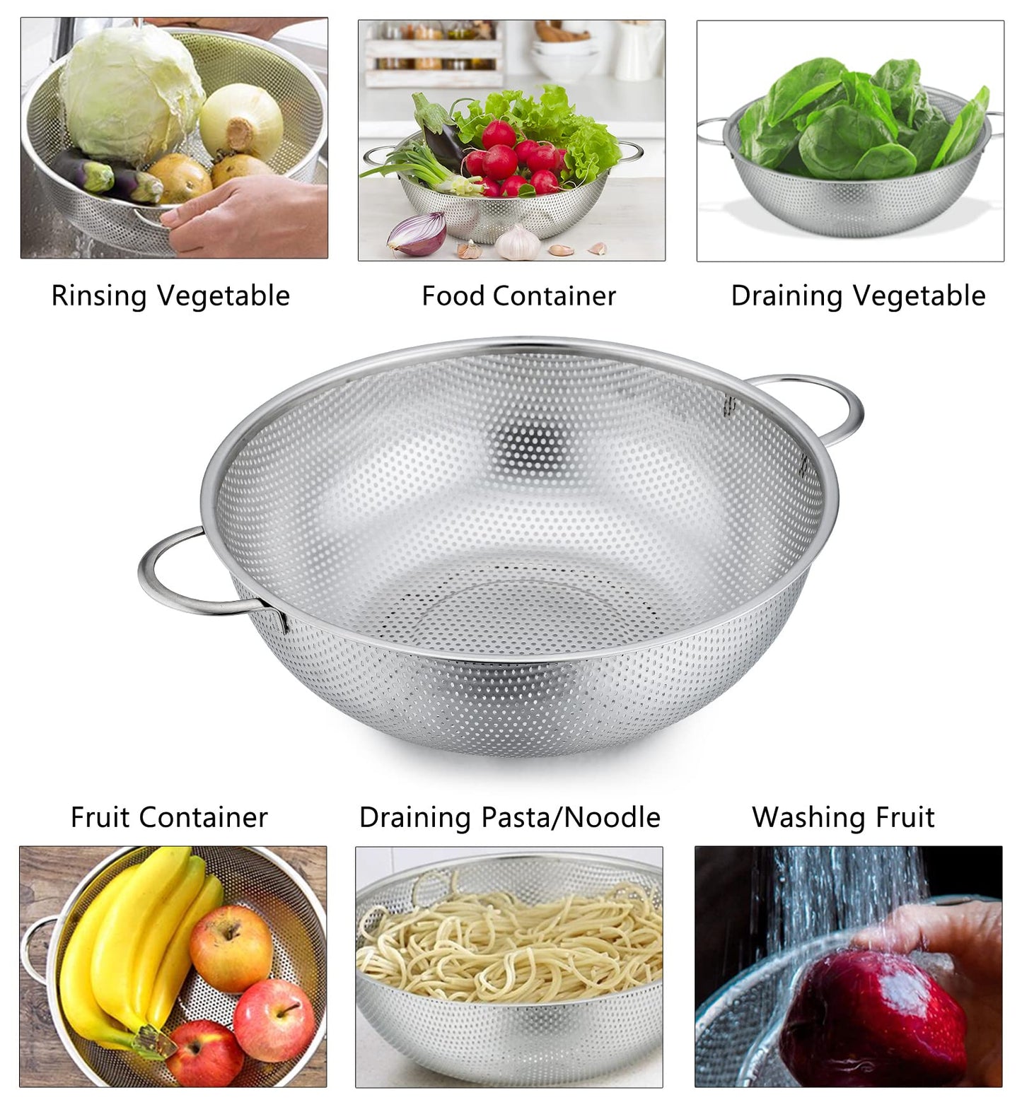 P&P CHEF Stainless Steel Colander, Micro-Perforated Food Strainer with Handle for Washing Draining, Great for Pasta Fruits Vegetables, Dishwasher Safe & Healthy, 1 +3 Qt, 2Pcs