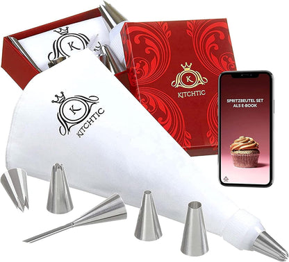 KITCHTIC Piping Bag Set, 6 Pieces Large Reusable Cotton, Includes Nozzles, Adapter, Cleaning Brush & E-Book