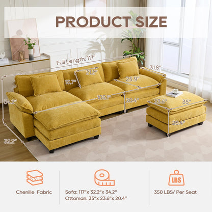 IPKIG 117" Sectional Sofa Cloud Couch, Modern Chenille U-Shaped Couch Comfy Upholstered 3-Seat Sofa with 2 Ottoman, 3 Lumbar Pillow, Deep Seat Modular Sofa for Living Room, Apartment, Studio, Yellow