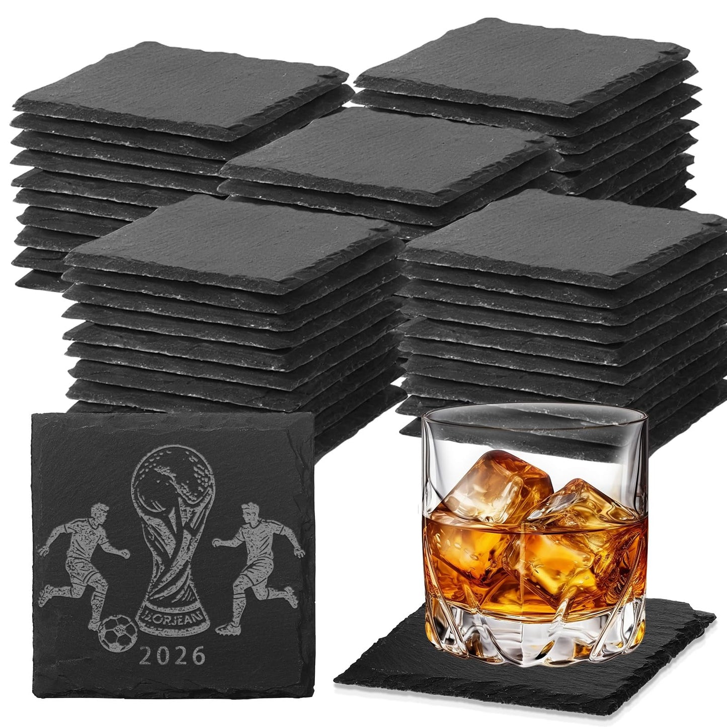 60 PCS Slate Coasters Black Square 4 Inch Bulk Rock, Blank Laser Engraving, Scratch Resistant Bottom, Home Office Kitchen Gift Wedding Bar Party Square Coasters