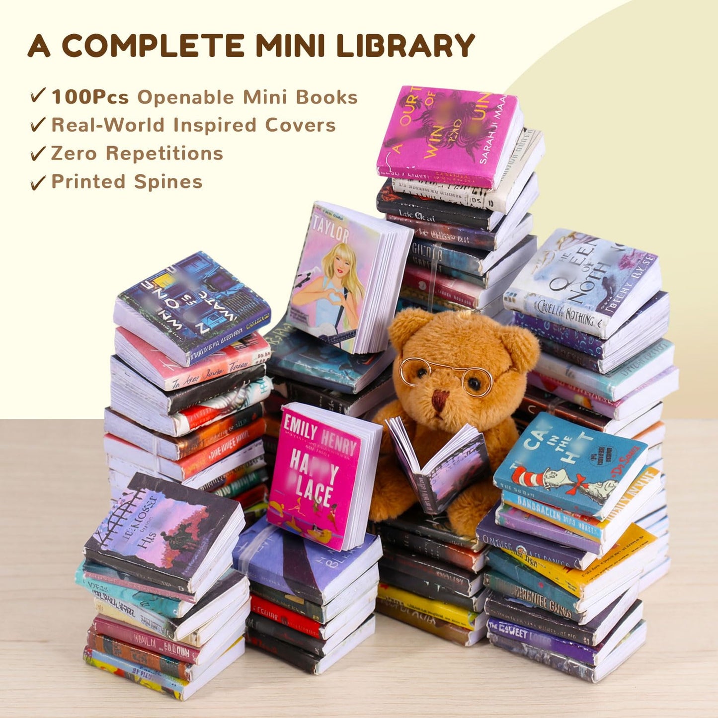 1:12 Scale Mini Desk Set with 100 Mini Books & 2 Bookshelves — Miniature Dollhouse Furniture Set with Office Chair, Computer & 15+ Accessories — Mini Desk Accessories for Doll House Diorama