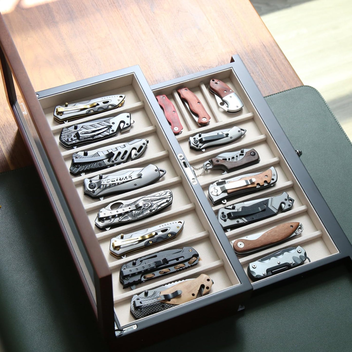 Bonaking Knife Display Case Two-Tier Pocket Knife Case Box Storage for 15-17 Pocket Knives Pocket Knife Collection Case Organizer for Men Gift with Walnut Finish and Glass Window