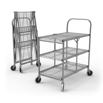 Luxor WSCC-3 Three-Shelf Collapsible Wire Utility Cart, Push Heavy Duty, 4" Thermoplastic Rubber Casters Two with Locking Brakes,Holds 300 lbs. and Folds Up for Storage, 37"W x 18.25"D x 30.5"H