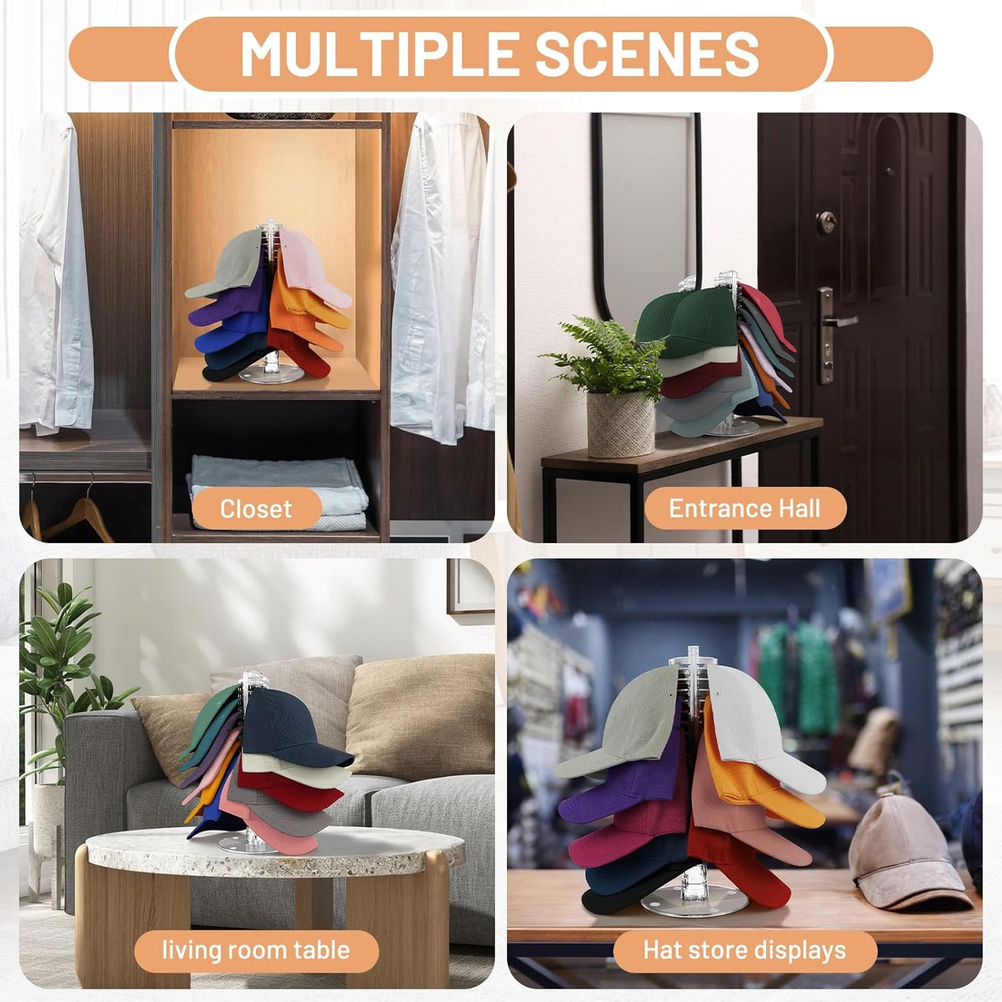 Hat Storage Organizer for Baseball Caps - Acrylic Hat Stand Holder for 48 Caps, Clear Display Storage