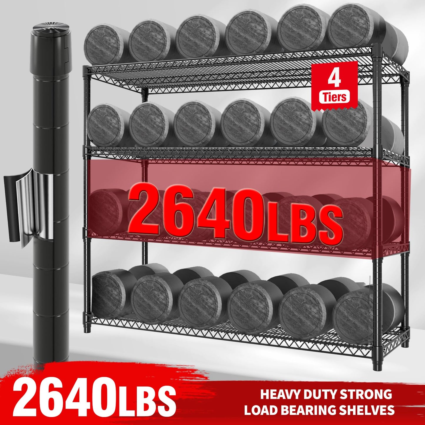 Metal Shelving Unit with Wheels, 72"H x 59"W x 17.7"D Garage Storage Shelves 4-Tier, Heavy Duty 2640LBS, Adjustable, Industrial Wire Rack Shelving Organizer, for Basement Home Office Kitchen, Black