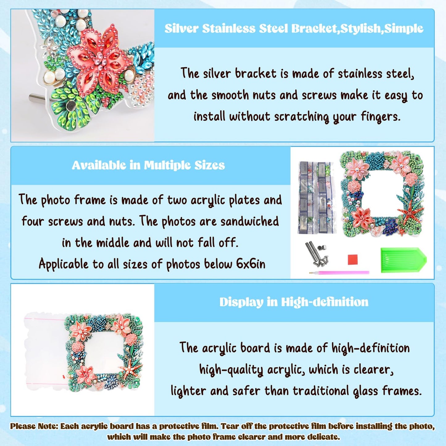 AIRDEA 5D Diamond Art Painting Desktop Photo Frame Ornament Flowers Butterfly Special Shape Diamond Dots Frame Kits for Adults,8x8in/20x20cm (Green Pink Blue)