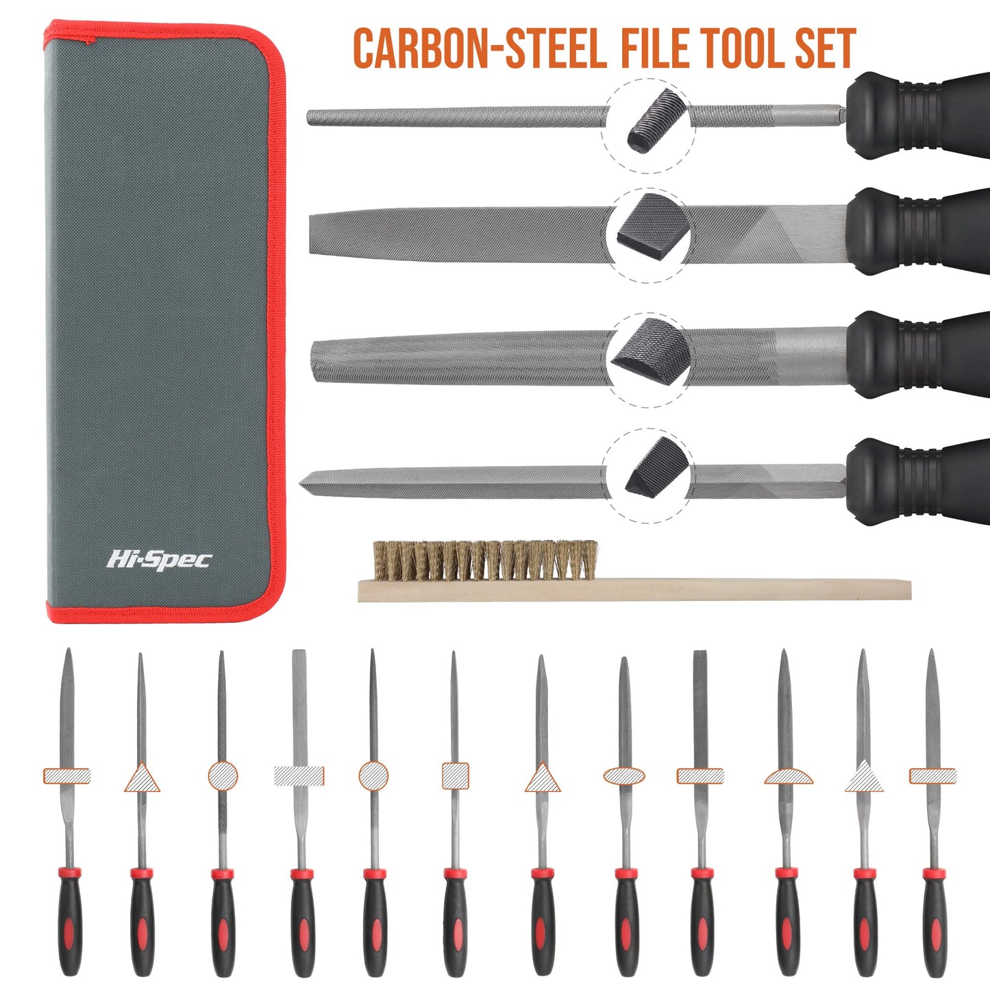 Hi-Spec 17 Piece Metal Hand & Needle File Tool Kit Set. Large & Small Mini T12 Carbon Steel Flat, Half-Round, Round & Triangle Files. Complete in a Zipper Case with a Brush