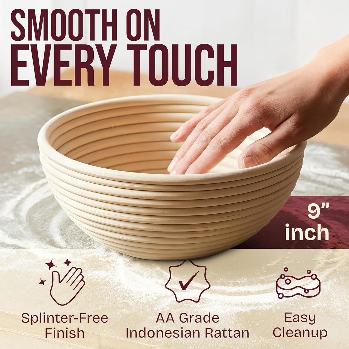 2 9" Superbaking pcs Banneton Bread Proofing Basket, Splinter-Free Round Rattan Bread Basket with Liners, Sourdough