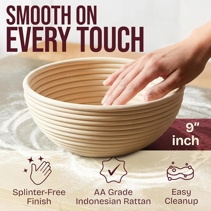 Superbaking Banneton Bread Proofing Basket Set - 9" Round Rattan with Liners for Sourdough Baking