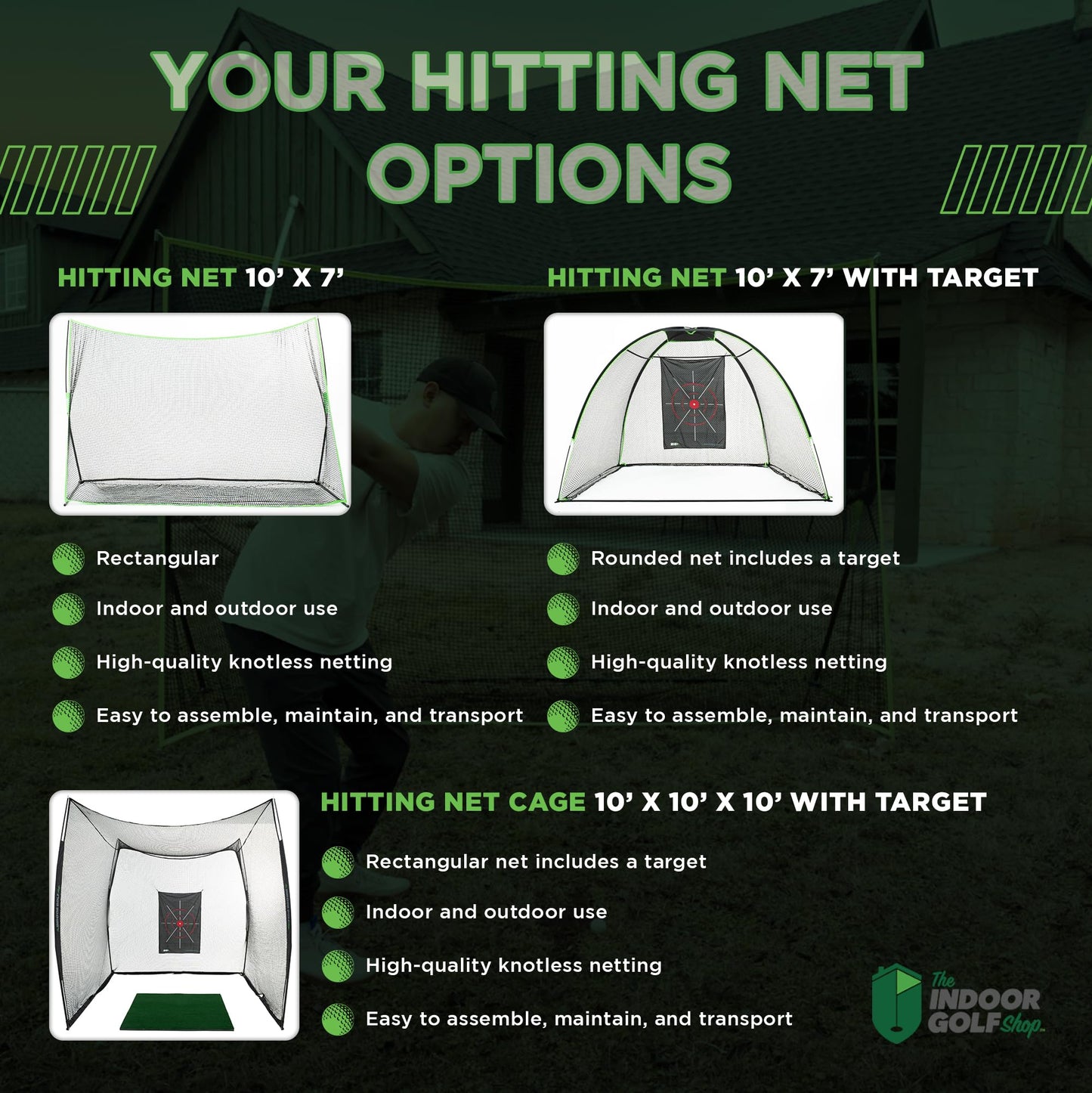 The Indoor Golf Shop - Hitting Net Cage 10' x 10' x 10' with Target Knotless Golf Net Cage for Indoor and Outdoor Practice - Arrives Ready to Assemble and Use