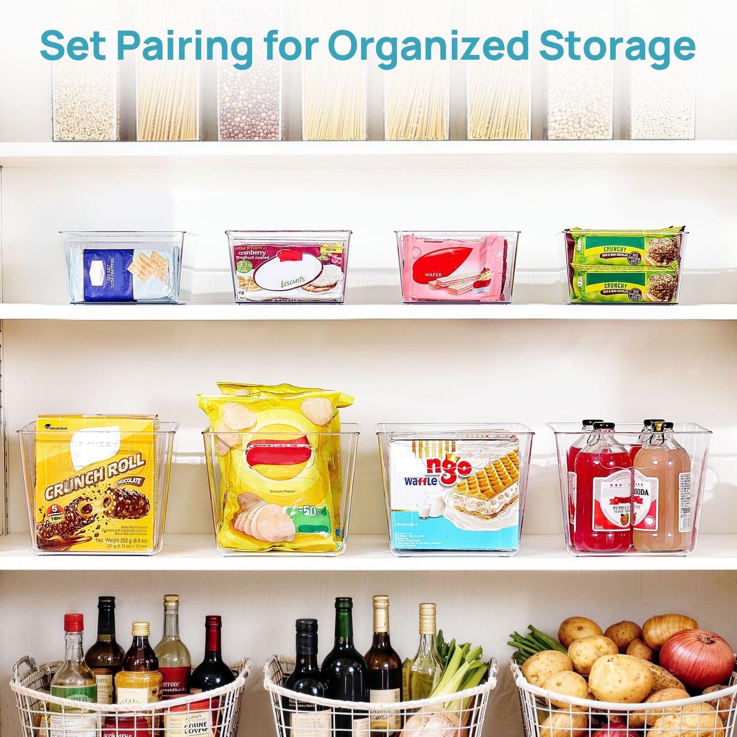 Vtopmart 8 Pack Clear Plastic Storage Bins Set, 4 Large Pantry Organizer Bins with Handle and 4 Medium Snack Organizer Bins with 4-Compartment for Pantry, Kitchen, Fridge, Cabinet Organization