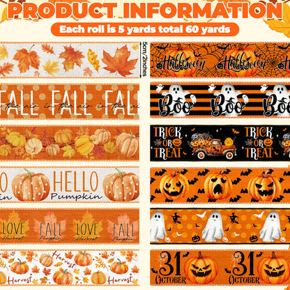 Chunful 12 Rolls Halloween Fall Wired Edge Ribbon 2 Inch x 60 Yards Halloween Fall Ghosts Pumpkins Print Grosgrain Ribbon Orange for Wreath Gift Wrapping Hair Bow Sewing Party Supplies 12 Styles