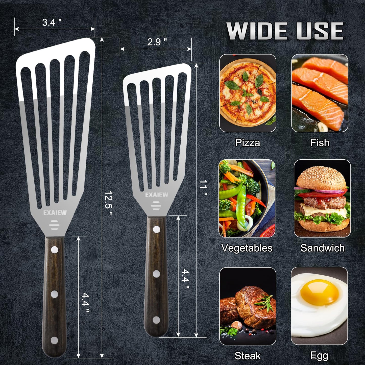 EXAIEW 2 Pack Fish Spatula Stainless Steel，Flexible Metal Spatula Perfect for Flipping Eggs, Burgers and Baking, Durable Lightweight Kitchen Slotted Turner for Cooking & BBQ, Perfect Gifts