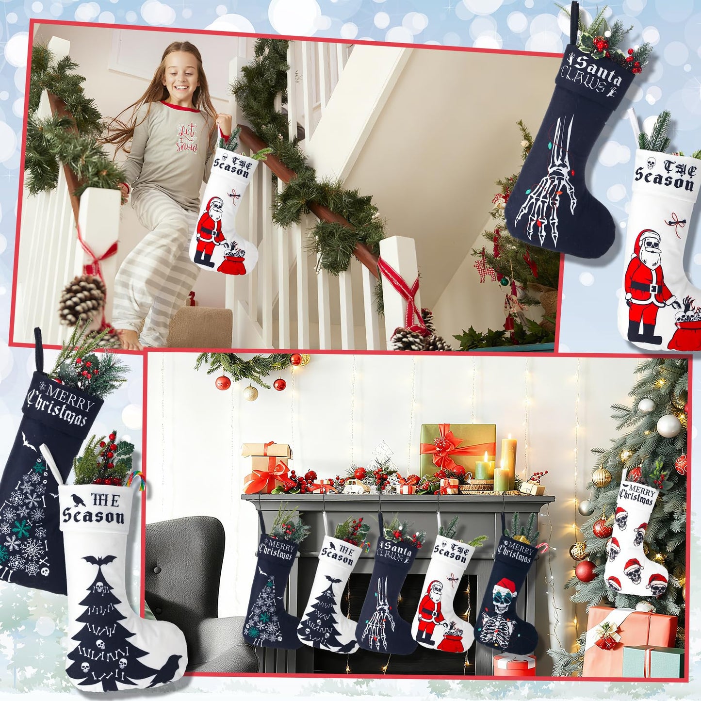 Kinlop 6 Pcs Black and White Gothic Christmas Stocking 17 Inches Goth Xmas Stockings Skeleton Hand Santa Claus Hanging Ornament for Christmas Tree Candy Gift Storage Bags Holiday Fireplace Party Decor