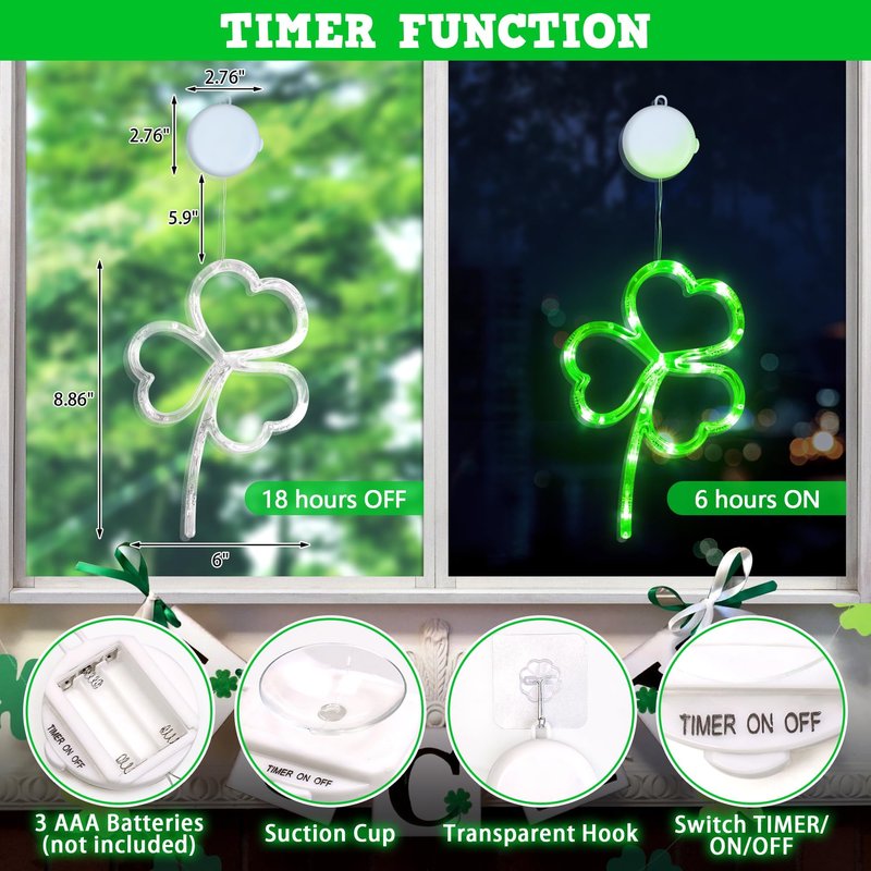 [Timer] 3 Pack St Patricks Day Decorations Shamrock Window Lights Battery Operated with Suction Cup & Hook, Saint Patricks Day Lucky Gold Green Clover Lights for Indoor Outdoor Party Irish Decor