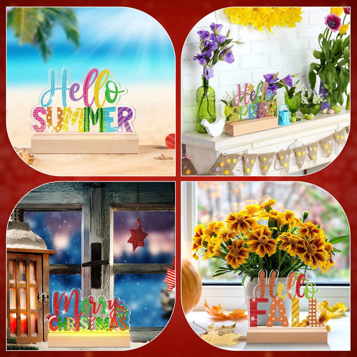 Chunful 13 Pcs Seasonal Diamond Art Tabletop Interchangeable Holiday Diamond Art Painting Kit with Wooden Light Base for 4th of July Summer Table Tiered Tray Home Office Tabletop Centerpiece Decor