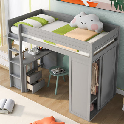 Merax Loft Bed Twin with Desk and Wardrobe, Storage Design with Drawers & Cabinet, Wood Loft Bed Frame for Adult, Teen Girls & Boys(Grey)