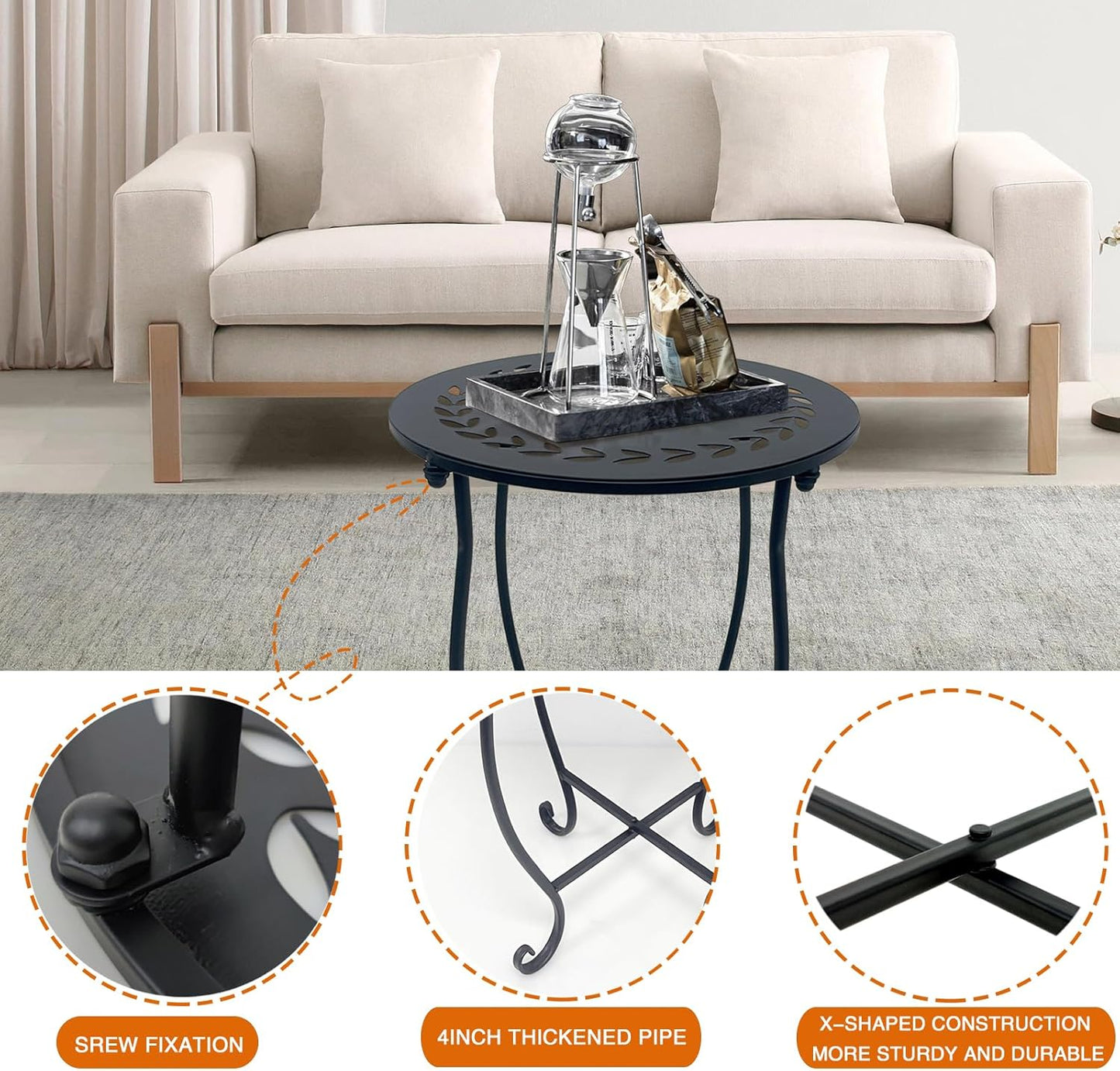 Aonagi 1 Pack 14 Inch Round Side Table, Bedside Table for Living Room, Bedroom, Weather Resistant Black Metal Outdoor