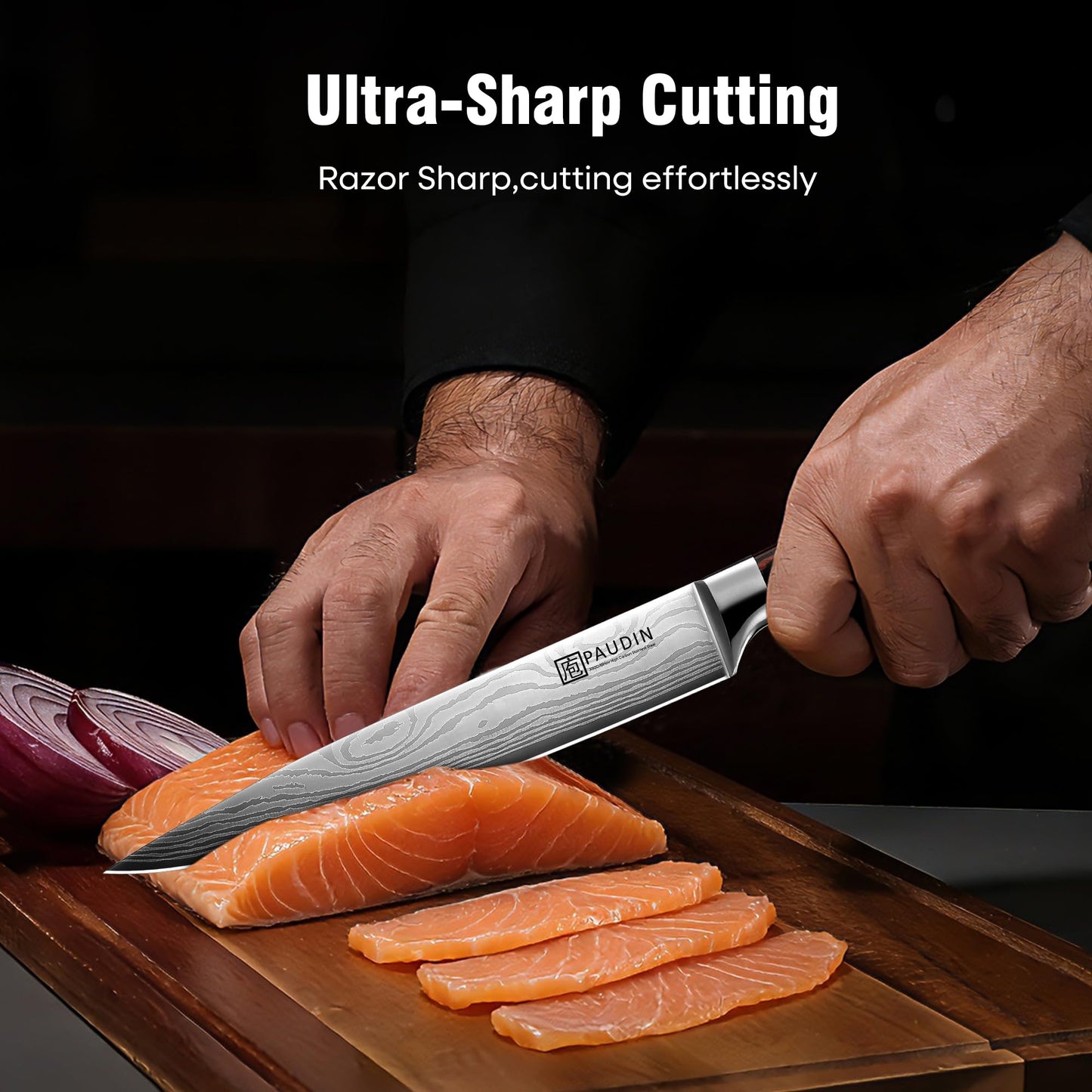 PAUDIN Carving Knife 8 inch, Ultra Sharp Brisket Slicing Knives, Premium Meat Cutting Knives German Stainless Steel, BBQ Knife with Ergonomic Handle, for Slicing Roast, Meats and Vegetables