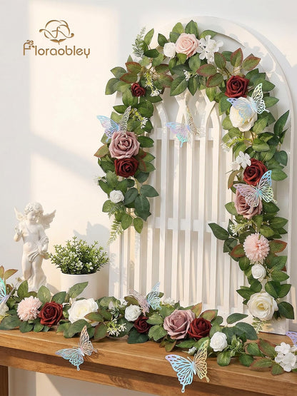 Floraobley 5.5FT Artificial Flower Garland Burgundy Rose & Greenery for Wedding Arch Backdrop Table Centerpiece Mantel Decor, with 3D Butterflies & Decorative Accessories