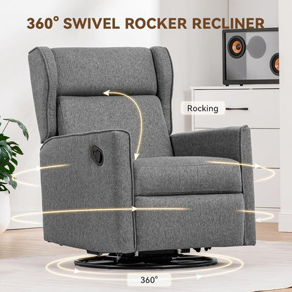 COMHOMA Nursery Rocking Chair Fabric Upholstered Swivel Rocker Recliner Manual Glider Reclining Chair for Living Room Bedroom Offices (Dark Grey)