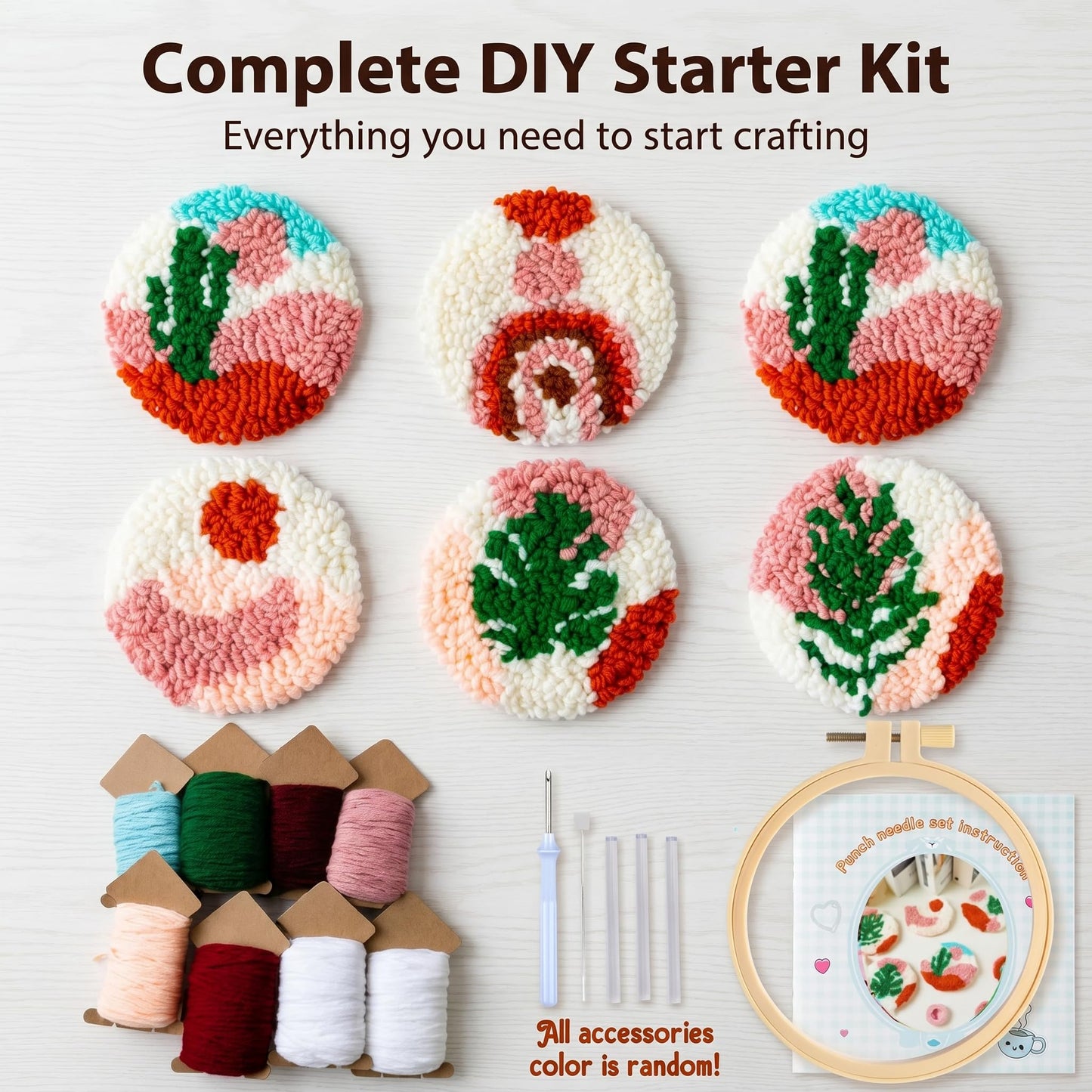 Avtytsda 6PCS Punch Needle Coaster Kit,Easy Punch Needle DIY Embroidery Set with Tools, Yarns, Hoop, Instructions Easy for Beginners, Kids, Adults, Handmade Gift and Decoration (Pink)