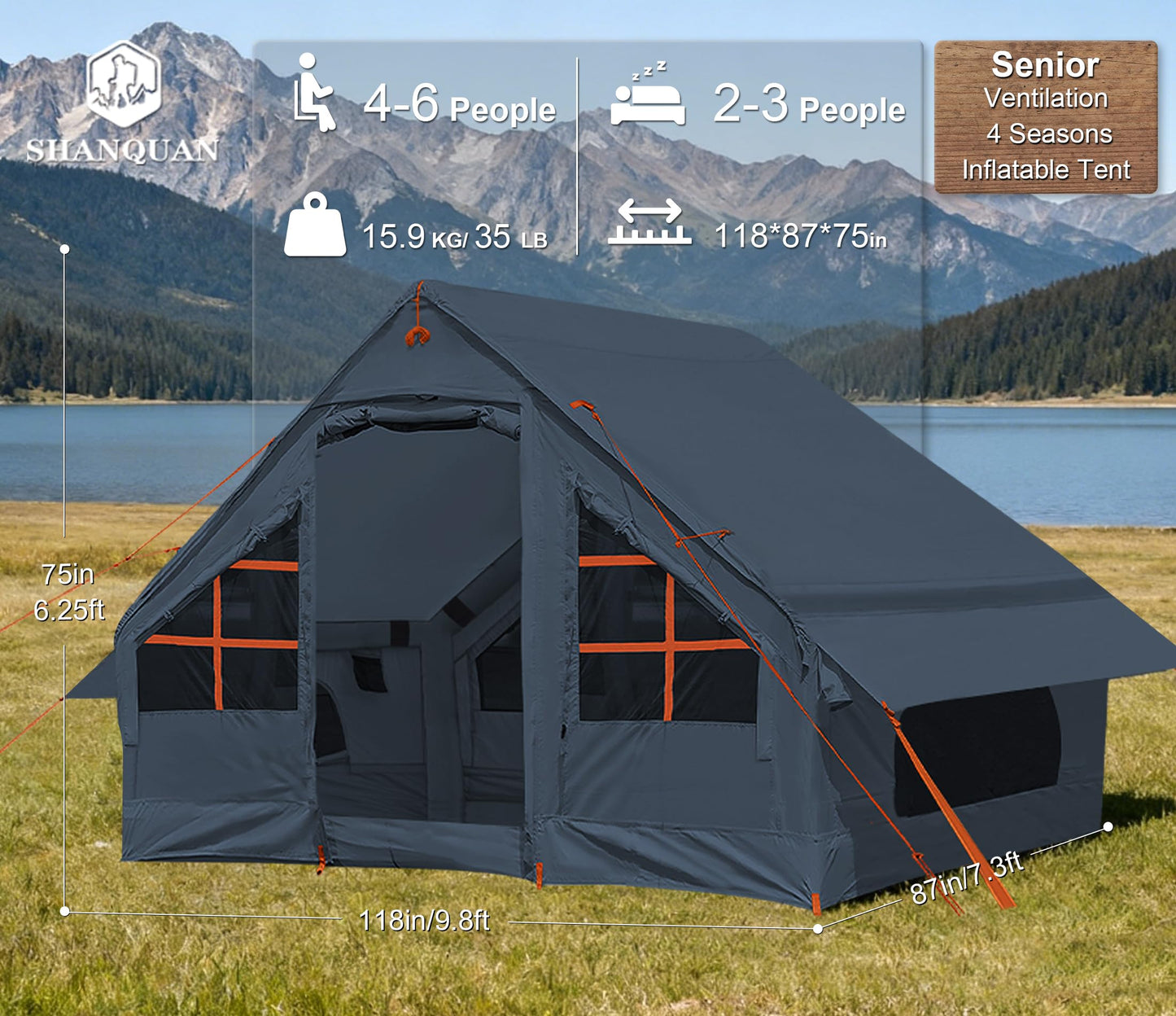 Inflatable Tent with Pump, 4-6 Person Glamping Camping Tents House, Easy Setup Blow Up Family Tents for 4 Seasons Waterproof Inflatable Tent for Camping Wind Resistant Air Tents House for Adult
