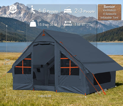 Inflatable Tent with Pump, 4-6 Person Glamping Camping Tents House, Easy Setup Blow Up Family Tents for 4 Seasons Waterproof Inflatable Tent for Camping Wind Resistant Air Tents House for Adult