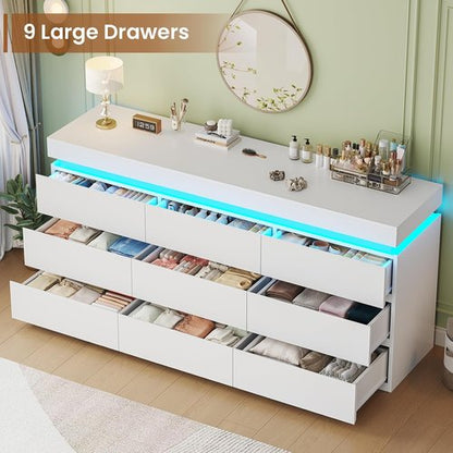 HAUOMS 9-Drawer Dresser - Modern White Chest with LED Light for Bedroom, Living Room & Entryway