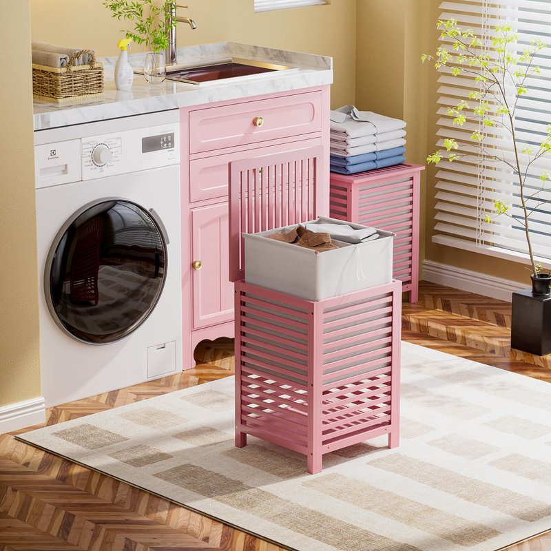 SMIBUY Double Laundry Hamper with Lid, 120L Bamboo Laundry Basket with Removable Liner Bag, 2-Section Clothes Divider Laundry Sorter for Laundry Room, Bathroom, Bedroom (Pink)